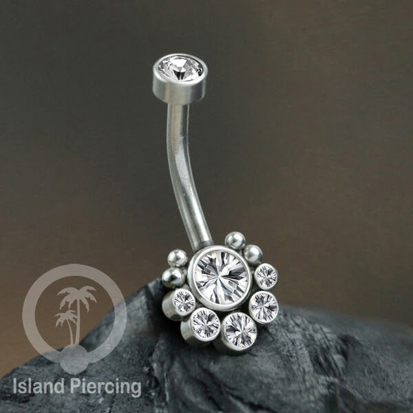 Anting Pusar/Navel Bar warna silver Piercing Jewelry terpasang Kristal zirconia bening