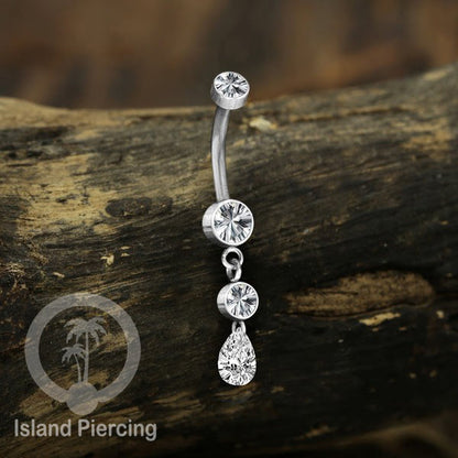 Anting Pusar/Navel Bar stainless steel dengan aneka Kristal Zirconia yang di gantung