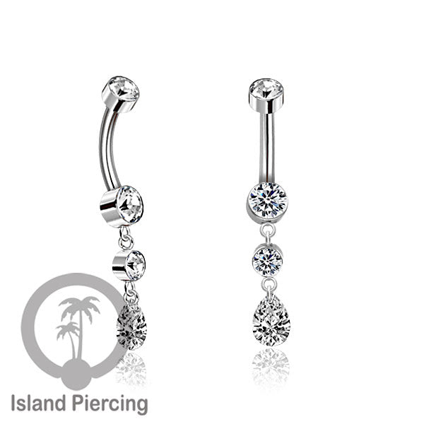 Anting Pusar/Navel Bar stainless steel dengan aneka Kristal Zirconia yang di gantung