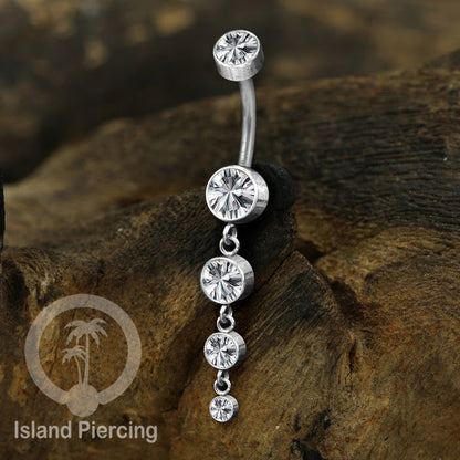 Anting Pusar/Navel Bar stainless steel dengan aneka Kristal Zirconia yang di gantung