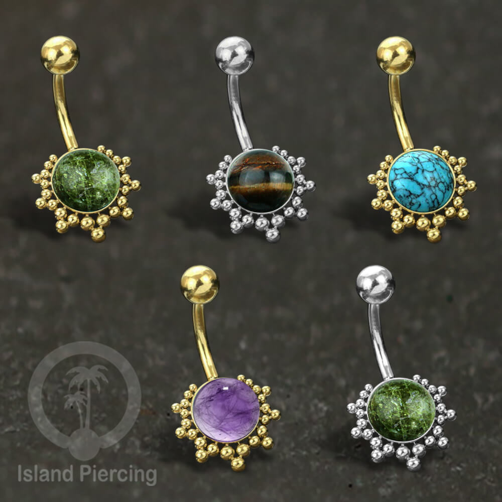 Tindik Pusar Stainless warna gold dan silver dengan batu asli Steel Navel bar Piercing