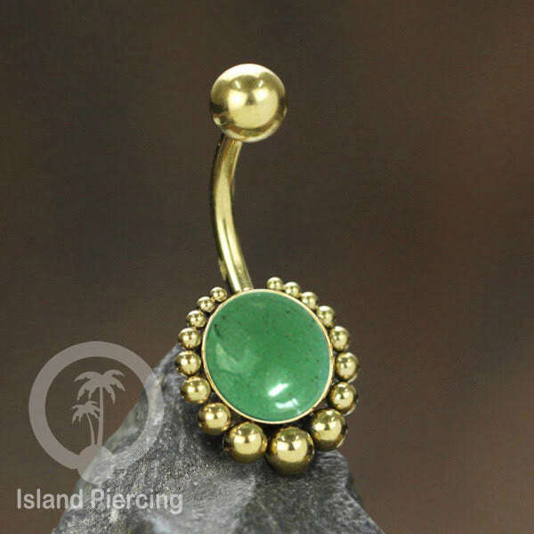 Steel navel bars , Tindik Pusar Baja Stainless warna gold dengan batu asli,