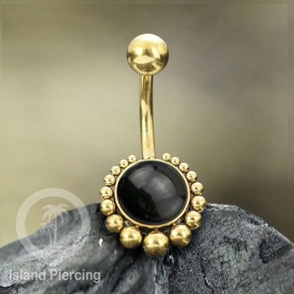 Steel navel bars , Tindik Pusar Baja Stainless warna gold dengan batu asli,