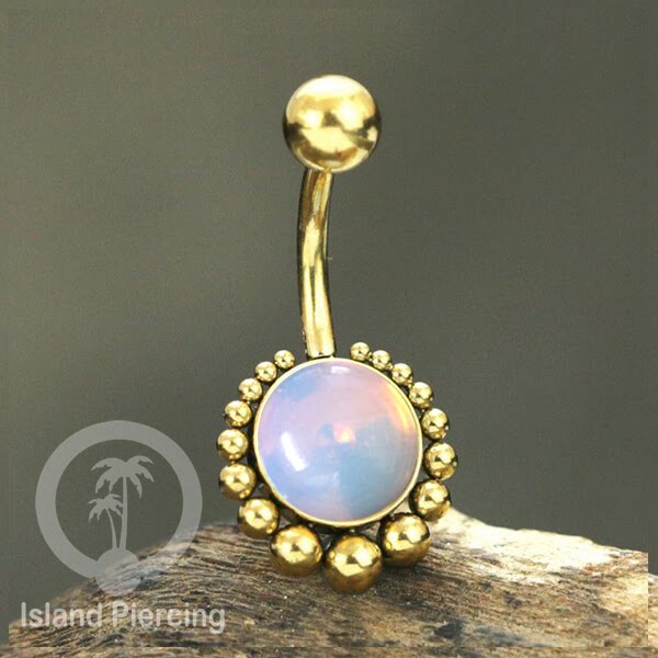Steel navel bars , Tindik Pusar Baja Stainless warna gold dengan batu asli,
