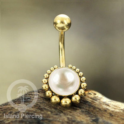 Steel navel bars , Tindik Pusar Baja Stainless warna gold dengan batu asli,