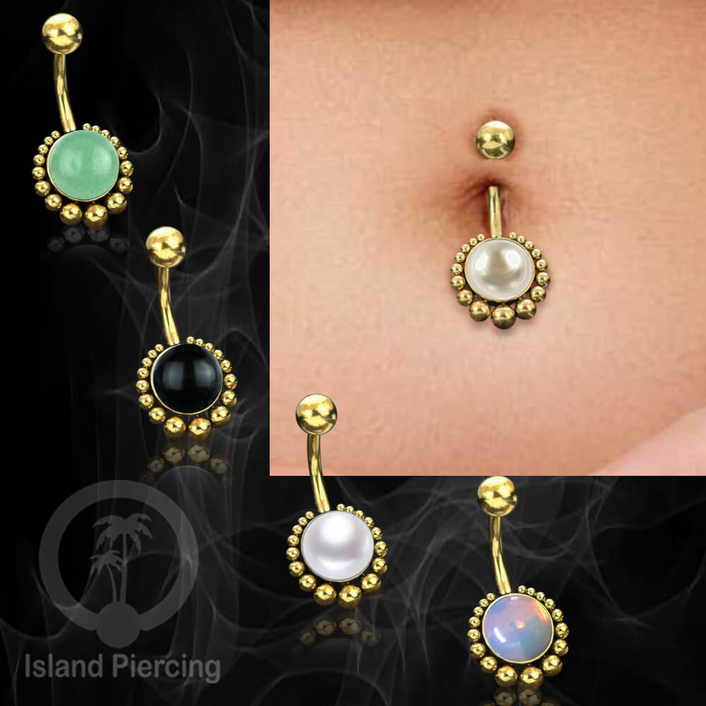 Steel navel bars , Tindik Pusar Baja Stainless warna gold dengan batu asli,