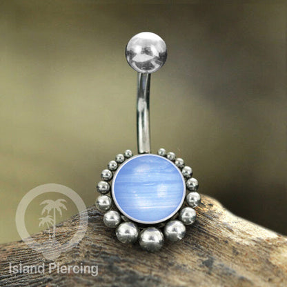 Steel navel bars , Tindik Pusar Stainless warna silver dengan batu asli banyak pilihan