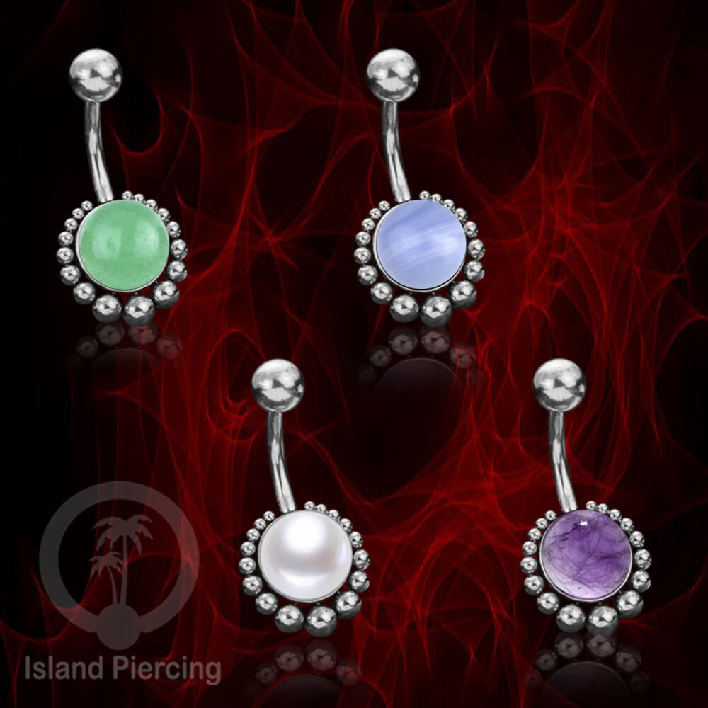 Steel navel bars , Tindik Pusar Stainless warna silver dengan batu asli banyak pilihan