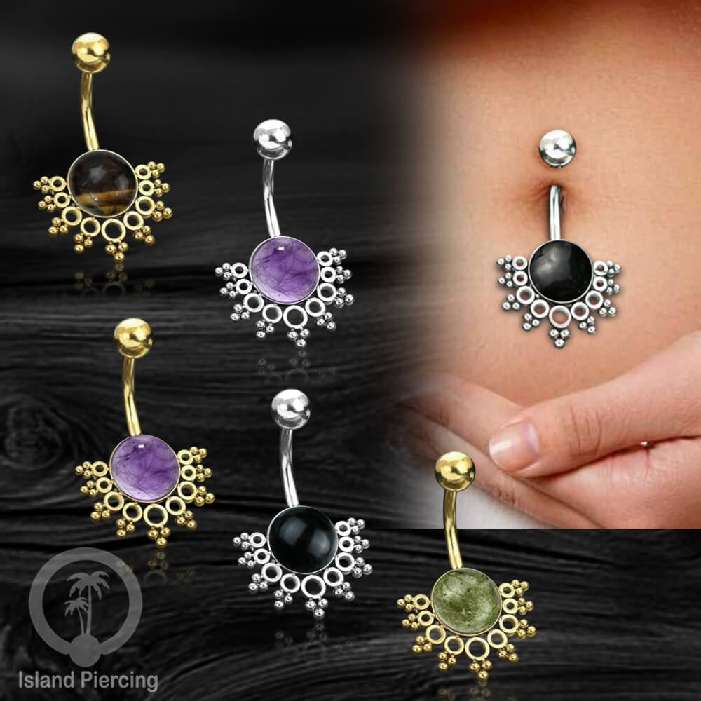 Steel Belly Piercing, Tindik Pusar Baja Beda warna gold &amp; silver dengan batu asli besar
