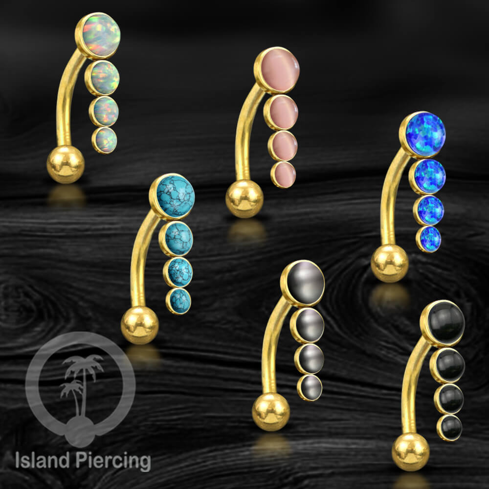 Tindik Pusar Stainless warna gold dengan 4 batu, Belly Body Piercing Jewelry