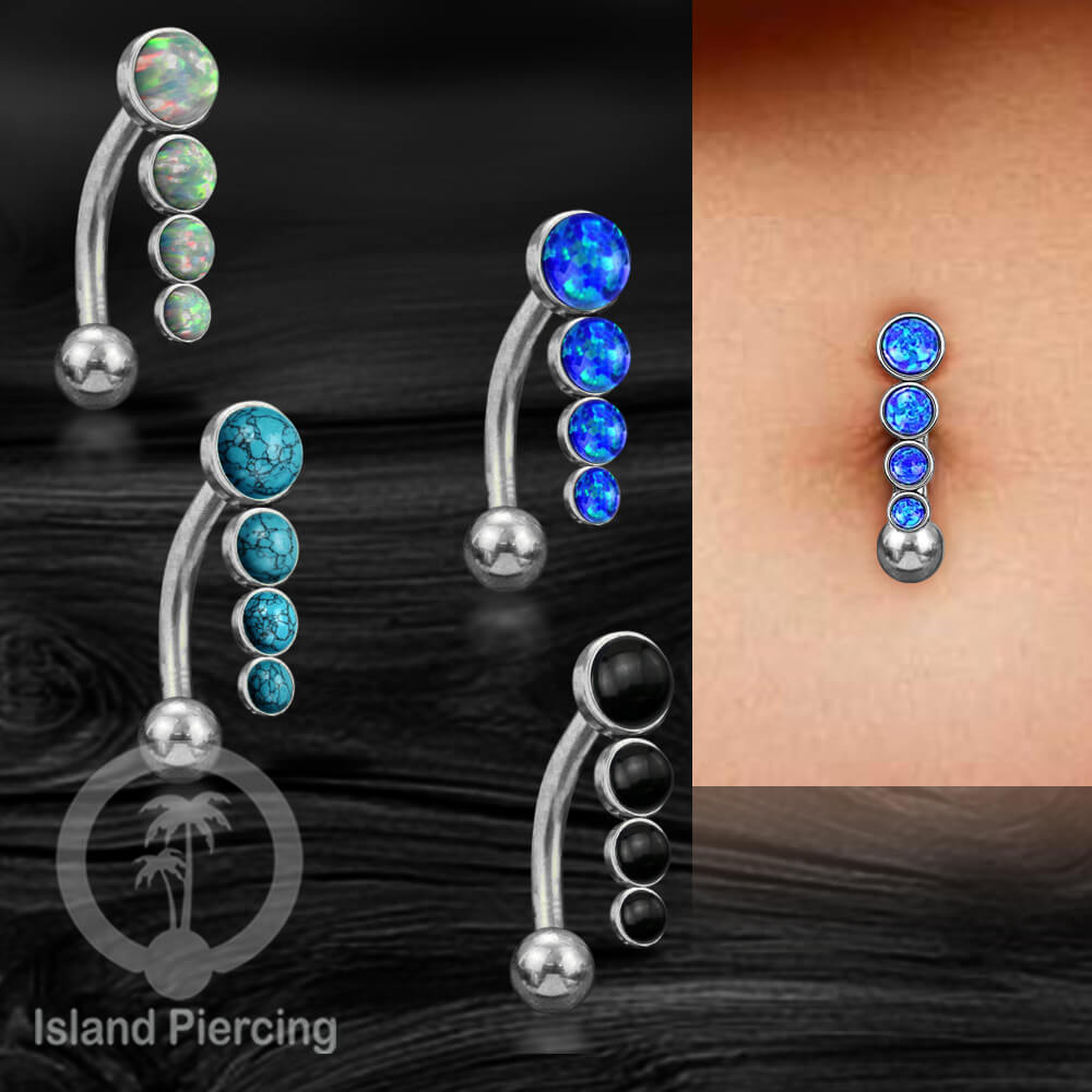 Tindik Pusar Stainless warna silver dengan 4 batu, Belly Body Piercing Jewelry