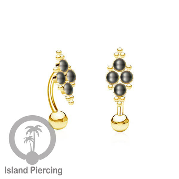 Tindik Pusar Stainless warna gold dengan 4 batu, Navel Bar Piercing Jewelry