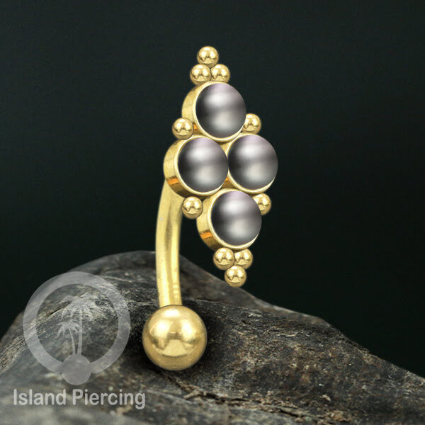Tindik Pusar Stainless warna gold dengan 4 batu, Navel Bar Piercing Jewelry