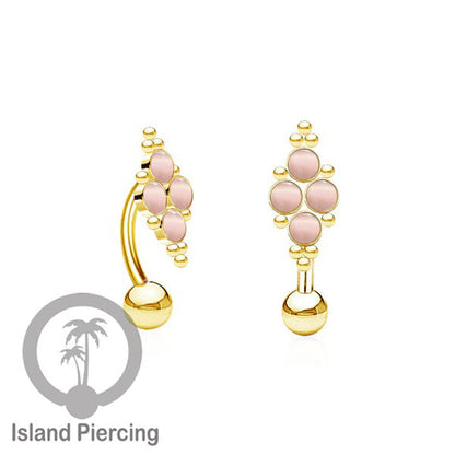 Tindik Pusar Stainless warna gold dengan 4 batu, Navel Bar Piercing Jewelry
