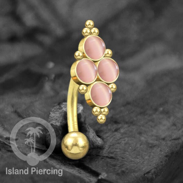 Tindik Pusar Stainless warna gold dengan 4 batu, Navel Bar Piercing Jewelry