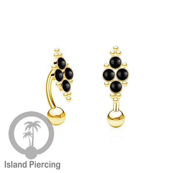 Tindik Pusar Stainless warna gold dengan 4 batu, Navel Bar Piercing Jewelry