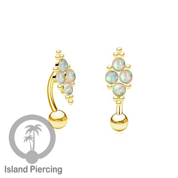 Tindik Pusar Stainless warna gold dengan 4 batu, Navel Bar Piercing Jewelry