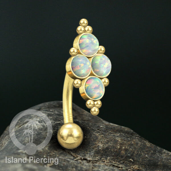 Tindik Pusar Stainless warna gold dengan 4 batu, Navel Bar Piercing Jewelry