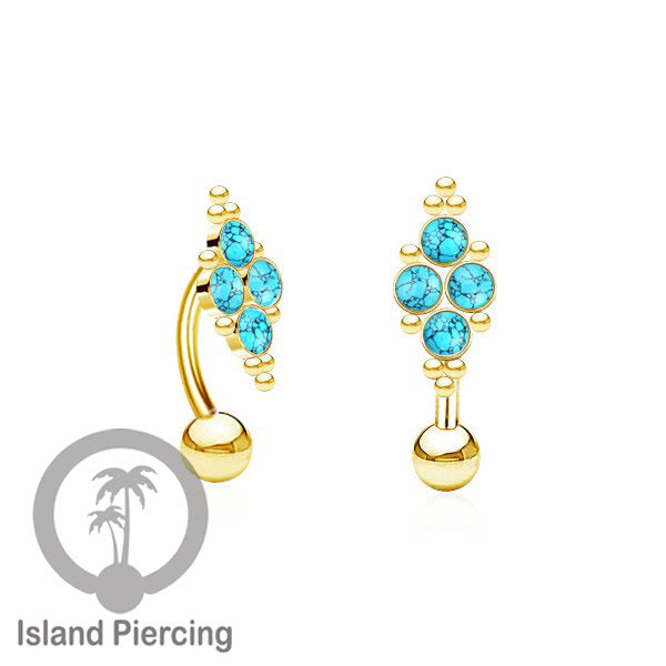 Tindik Pusar Stainless warna gold dengan 4 batu, Navel Bar Piercing Jewelry