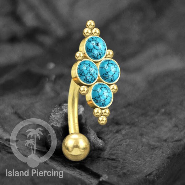 Tindik Pusar Stainless warna gold dengan 4 batu, Navel Bar Piercing Jewelry
