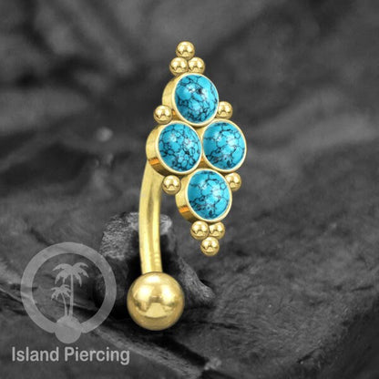 Tindik Pusar Stainless warna gold dengan 4 batu, Navel Bar Piercing Jewelry