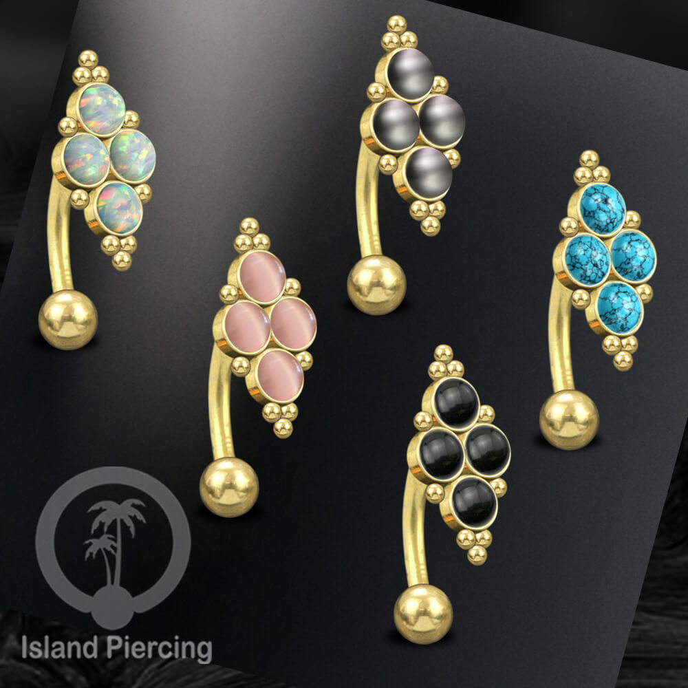 Tindik Pusar Stainless warna gold dengan 4 batu, Navel Bar Piercing Jewelry