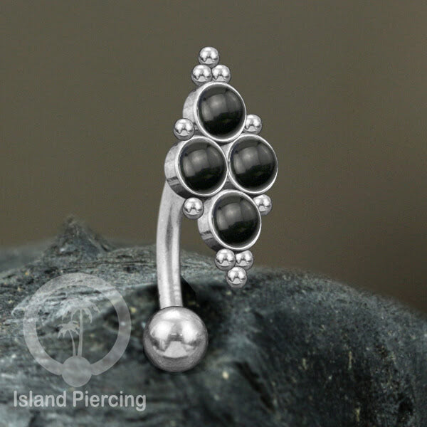 Tindik Pusar Stainless warna silver dengan 4 batu, Navel Bar Piercing Jewelry