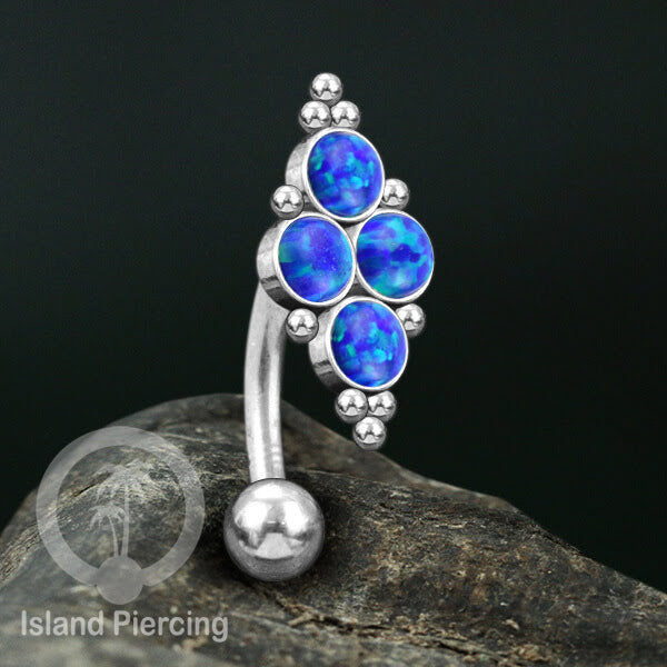 Tindik Pusar Stainless warna silver dengan 4 batu, Navel Bar Piercing Jewelry
