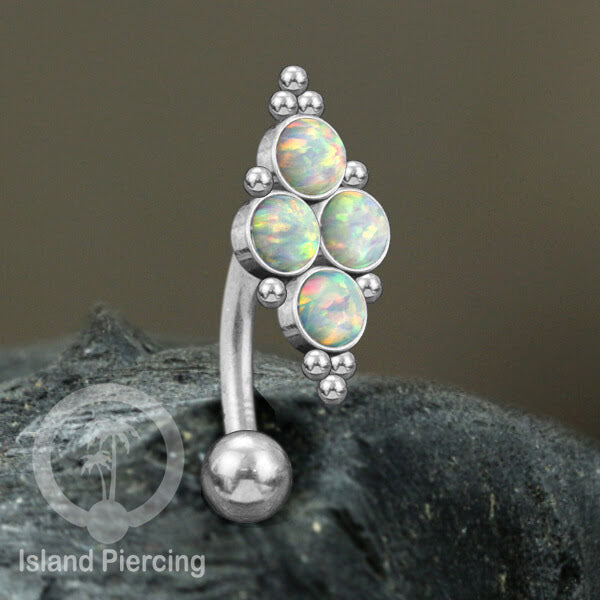 Tindik Pusar Stainless warna silver dengan 4 batu, Navel Bar Piercing Jewelry