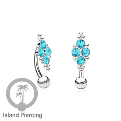 Tindik Pusar Stainless warna silver dengan 4 batu, Navel Bar Piercing Jewelry