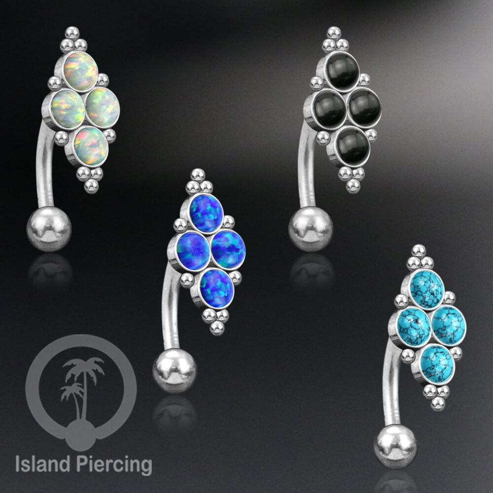 Tindik Pusar Stainless warna silver dengan 4 batu, Navel Bar Piercing Jewelry