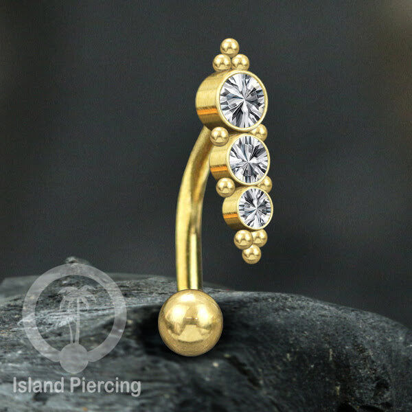 Anting Pusar/Navel Bar stainless steel untuk bagian atlas pusat warna Gold dengan Kristal Zirconia