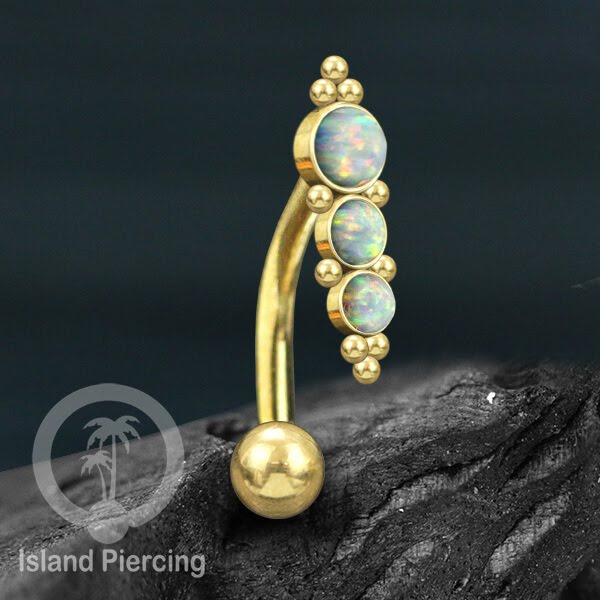 Tindik Pusar Stainless warna gold dengan batu, Steel Navel Bar Piercing Jewelry