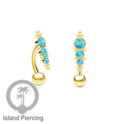 Tindik Pusar Stainless warna gold dengan batu, Steel Navel Bar Piercing Jewelry