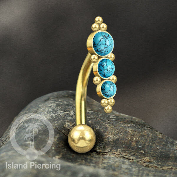Tindik Pusar Stainless warna gold dengan batu, Steel Navel Bar Piercing Jewelry
