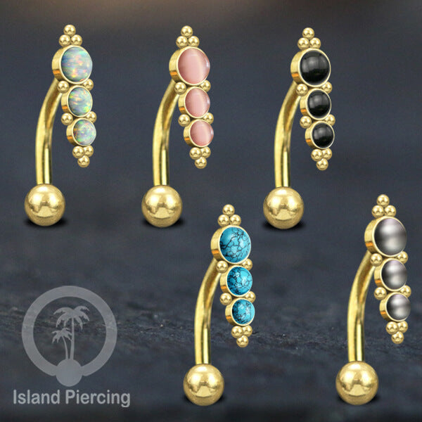 Tindik Pusar Stainless warna gold dengan batu, Steel Navel Bar Piercing Jewelry