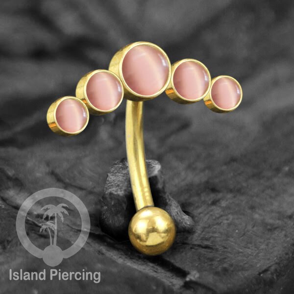 316L Stainless Steel Belly Piercing, Tindik Pusar Baja warna gold dengan 5 batu