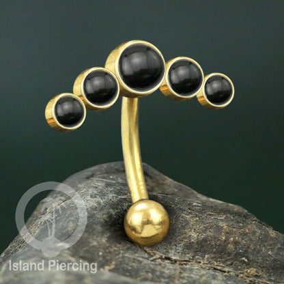 316L Stainless Steel Belly Piercing, Tindik Pusar Baja warna gold dengan 5 batu