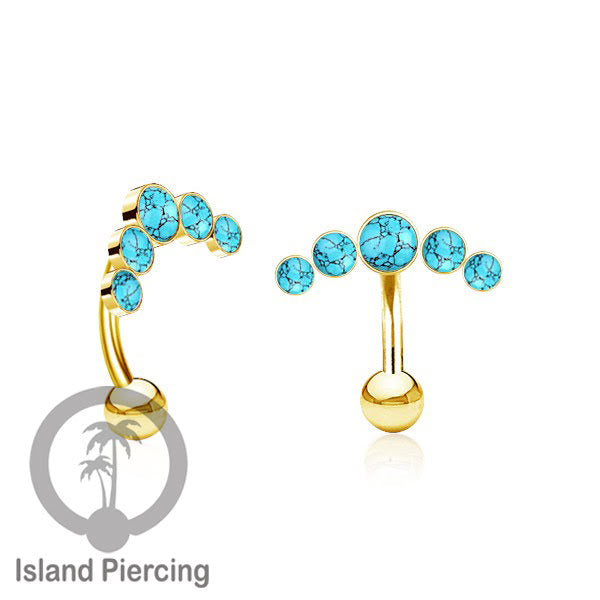 316L Stainless Steel Belly Piercing, Tindik Pusar Baja warna gold dengan 5 batu