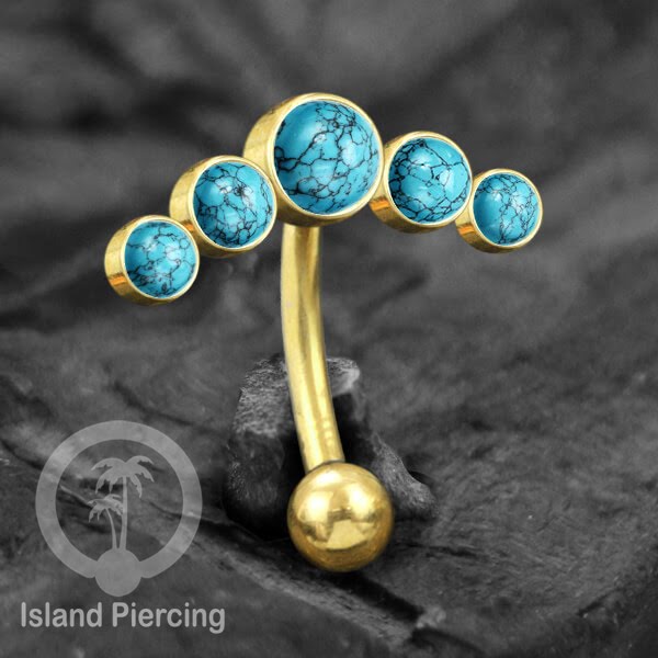 316L Stainless Steel Belly Piercing, Tindik Pusar Baja warna gold dengan 5 batu