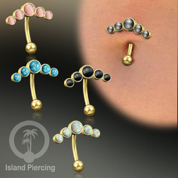 316L Stainless Steel Belly Piercing, Tindik Pusar Baja warna gold dengan 5 batu