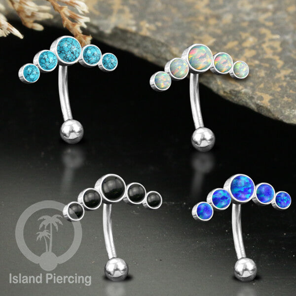 316L Stainless Steel Belly Piercing, Tindik Pusar Baja warna silver dengan 5 batu