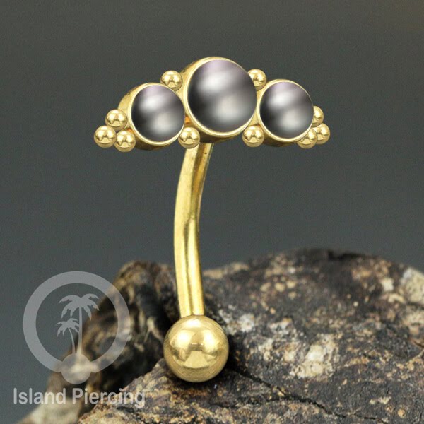 Stainless Steel Belly Piercing, Tindik Pusar Baja warna gold dengan 3 batu