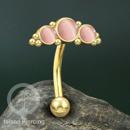 Stainless Steel Belly Piercing, Tindik Pusar Baja warna gold dengan 3 batu