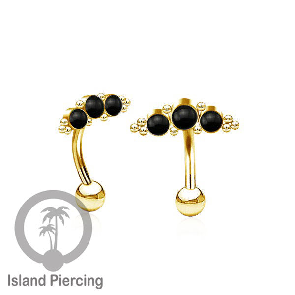 Stainless Steel Belly Piercing, Tindik Pusar Baja warna gold dengan 3 batu