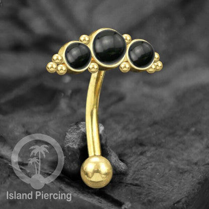 Stainless Steel Belly Piercing, Tindik Pusar Baja warna gold dengan 3 batu