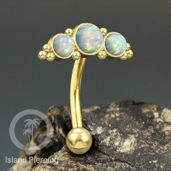 Stainless Steel Belly Piercing, Tindik Pusar Baja warna gold dengan 3 batu