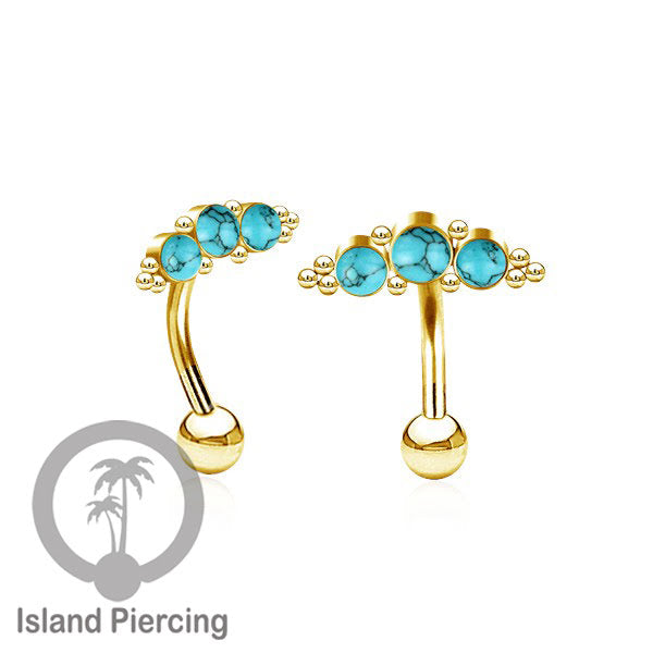 Stainless Steel Belly Piercing, Tindik Pusar Baja warna gold dengan 3 batu