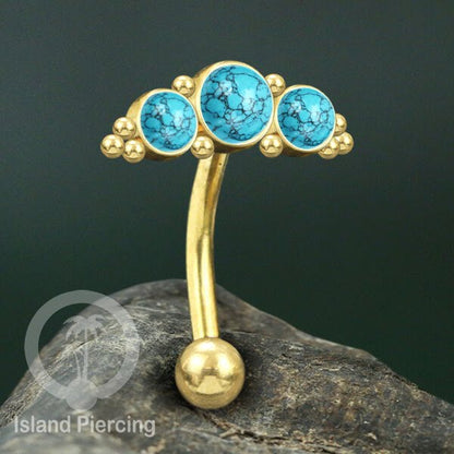 Stainless Steel Belly Piercing, Tindik Pusar Baja warna gold dengan 3 batu