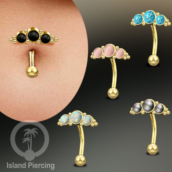 Stainless Steel Belly Piercing, Tindik Pusar Baja warna gold dengan 3 batu